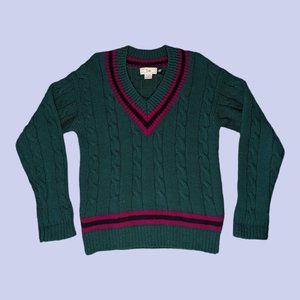 Gap | Vintage Women's Shetland Wool Cable Knit V-Neck Sweater Green Small